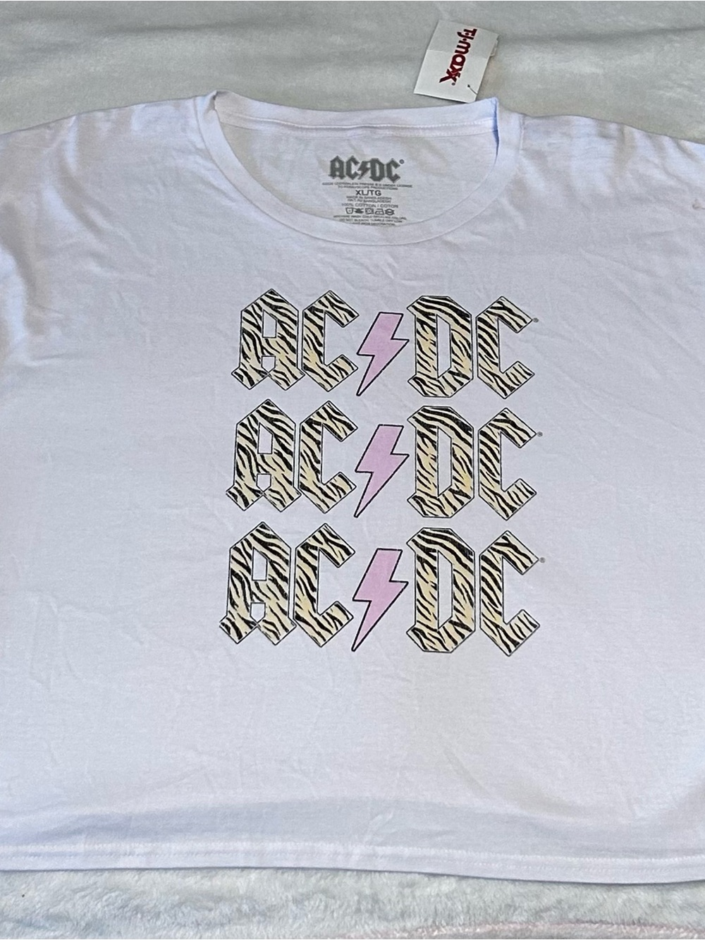 AC/DC Kids White Tee with Pink Lightning and Zebra Logo